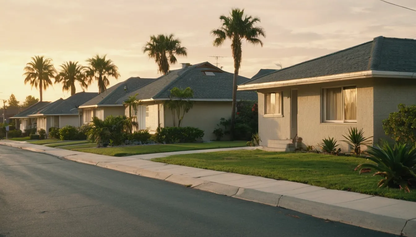 A quiet residential street in the Treasure Island area with homes and palm trees